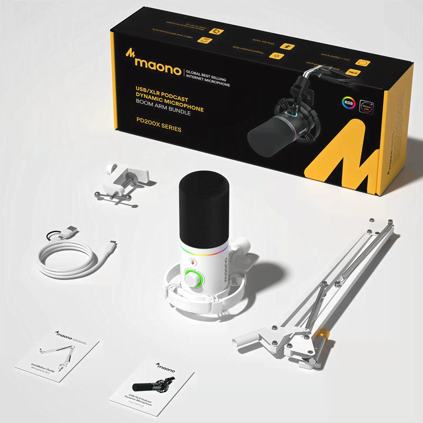 MAONO Микрофон игровой (для стриминга) Динамический микрофон для подкастов PD200XS, белый